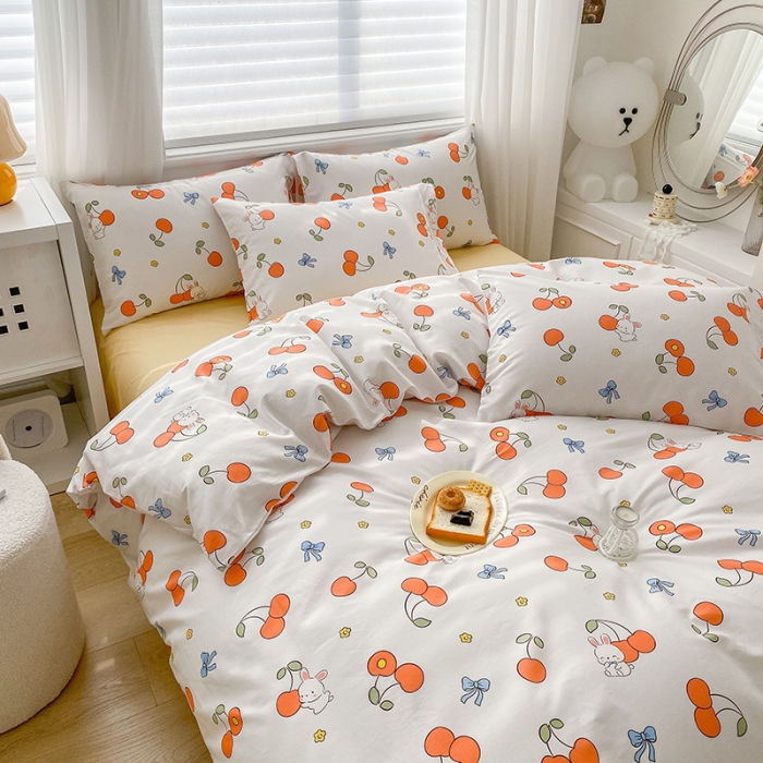 91家纺网 家纺一手货源 找家纺 木堇家居 2023新款13372全棉印花四件套 樱桃小兔