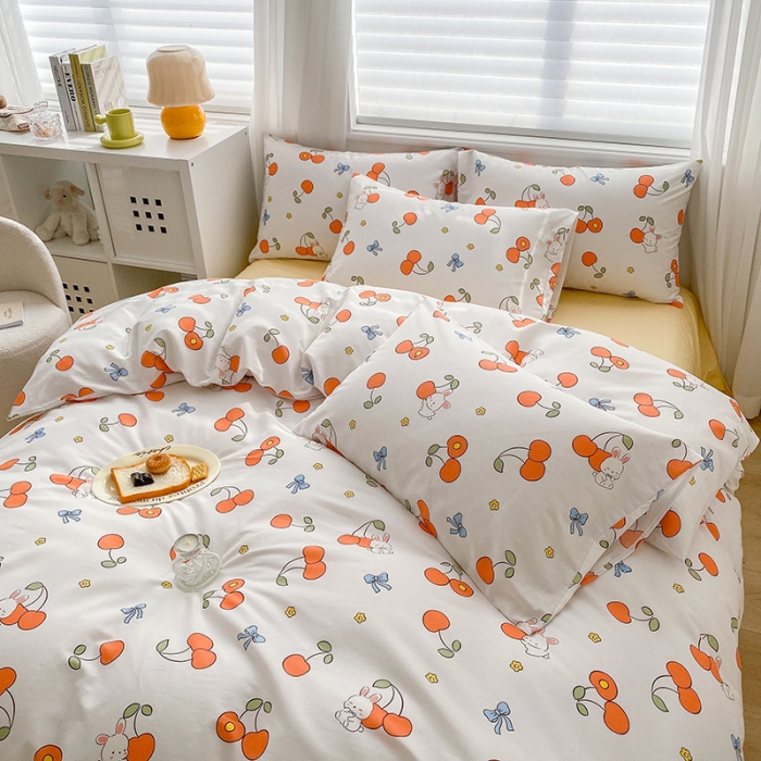 91家纺网 家纺一手货源 找家纺 木堇家居 2023新款13372全棉印花四件套 樱桃小兔