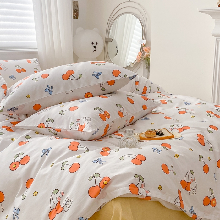 91家纺网 家纺一手货源 找家纺 木堇家居 2023新款13372全棉印花四件套 樱桃小兔