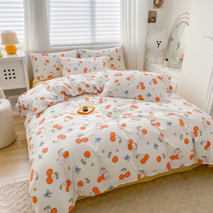 91家纺网 家纺一手货源 找家纺 木堇家居 2023新款13372全棉印花四件套 樱桃小兔