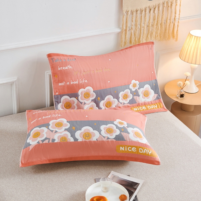 91家纺网 家纺一手货源 找家纺 棠薇 2023新款全棉6层纱布枕巾53*80cm/对-花卉系列 6层 笑脸花粉