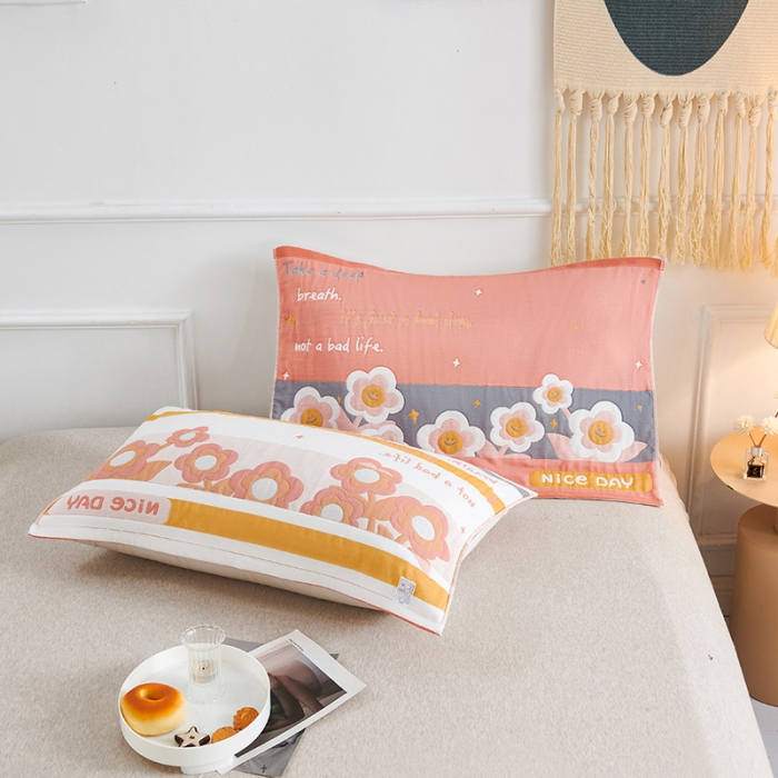 91家纺网 家纺一手货源 找家纺 棠薇 2023新款全棉6层纱布枕巾53*80cm/对-花卉系列 6层 笑脸花粉