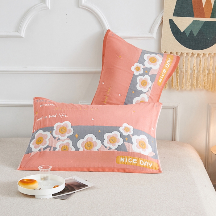 91家纺网 家纺一手货源 找家纺 棠薇 2023新款全棉6层纱布枕巾53*80cm/对-花卉系列 6层 笑脸花粉