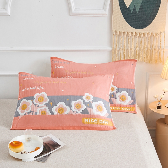 91家纺网 家纺一手货源 找家纺 棠薇 2023新款全棉6层纱布枕巾53*80cm/对-花卉系列 6层 笑脸花粉