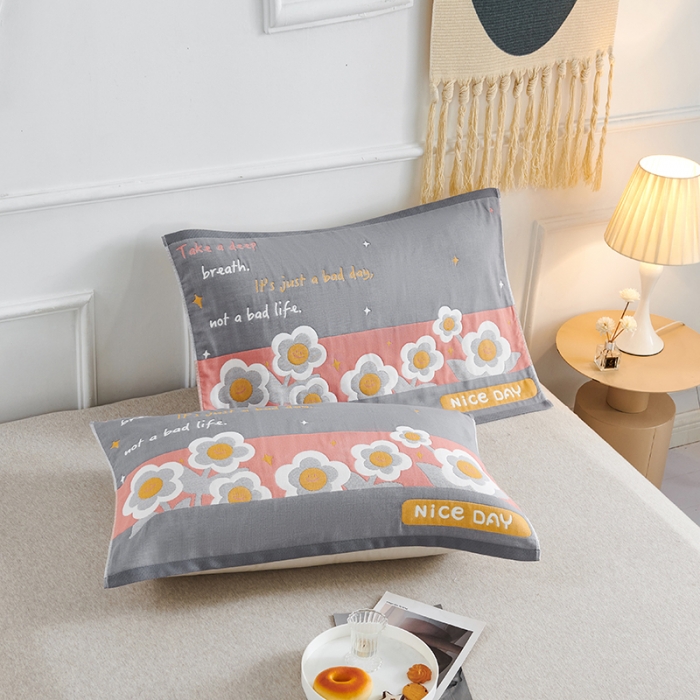 91家纺网 家纺一手货源 找家纺 棠薇 2023新款全棉6层纱布枕巾53*80cm/对-花卉系列 6层 笑脸花灰