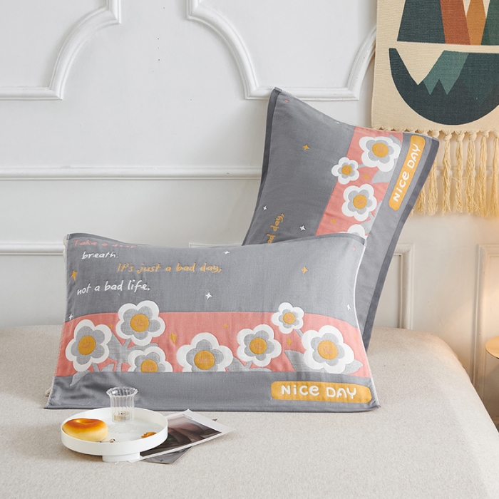 91家纺网 家纺一手货源 找家纺 棠薇 2023新款全棉6层纱布枕巾53*80cm/对-花卉系列 6层 笑脸花灰