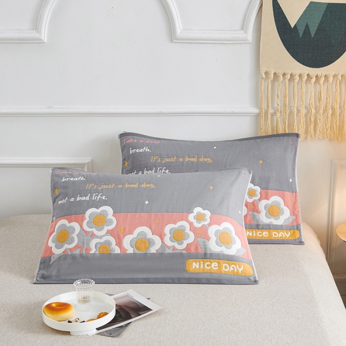 91家纺网 家纺一手货源 找家纺 棠薇 2023新款全棉6层纱布枕巾53*80cm/对-花卉系列 6层 笑脸花灰