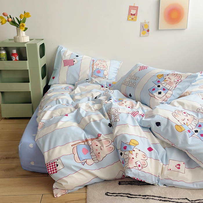 91家纺网 家纺一手货源 找家纺 怡家居 2023春夏新款全棉卡通系列四件套 爱心扑克兔