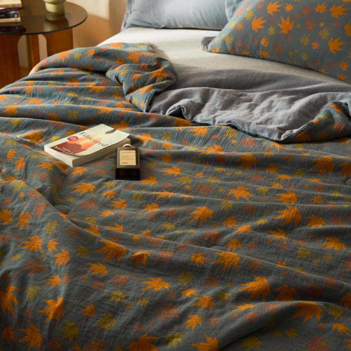 91家纺网 家纺一手货源 找家纺 吾秀 2023新款复古风A类全棉双层纱棉花夏被 枫叶