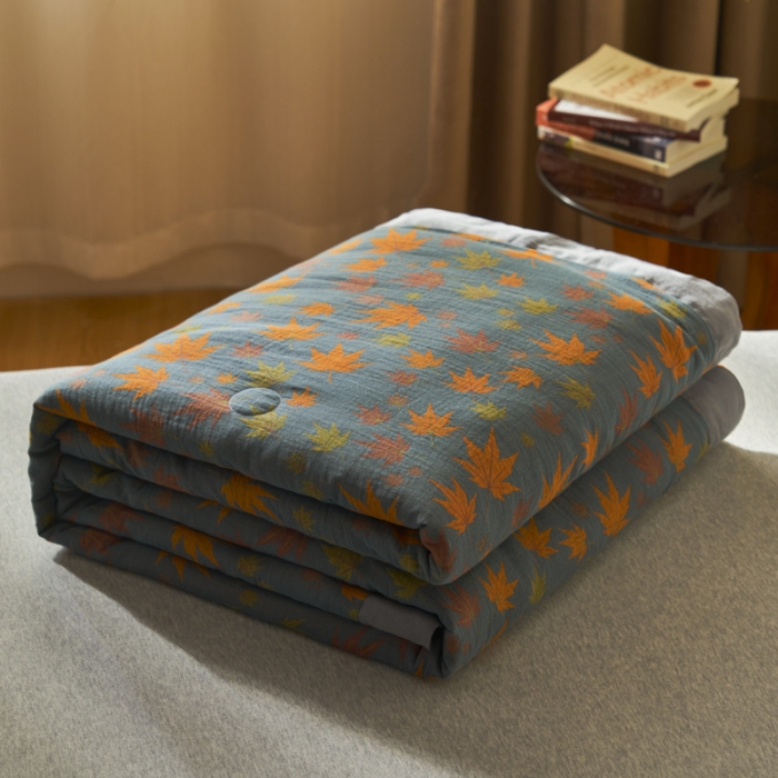 91家纺网 家纺一手货源 找家纺 吾秀 2023新款复古风A类全棉双层纱棉花夏被 枫叶