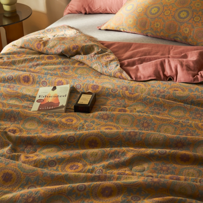 91家纺网 家纺一手货源 找家纺 吾秀 2023新款复古风A类全棉双层纱棉花夏被 暖光