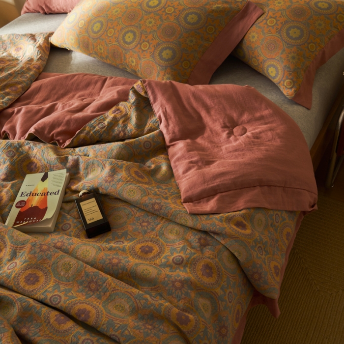 91家纺网 家纺一手货源 找家纺 吾秀 2023新款复古风A类全棉双层纱棉花夏被 暖光