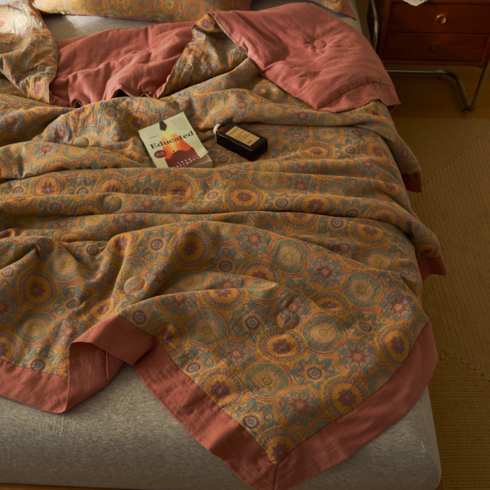 91家纺网 家纺一手货源 找家纺 吾秀 2023新款复古风A类全棉双层纱棉花夏被 暖光