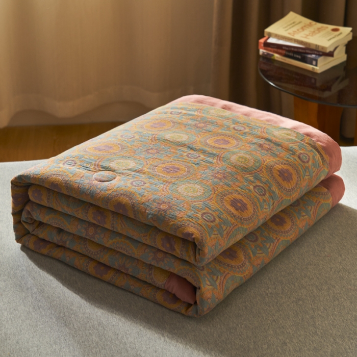 91家纺网 家纺一手货源 找家纺 吾秀 2023新款复古风A类全棉双层纱棉花夏被 暖光