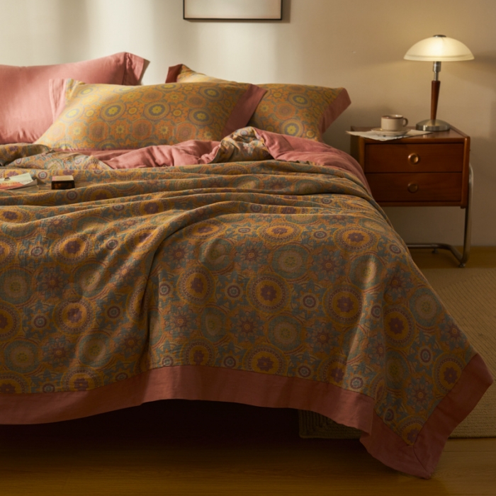 91家纺网 家纺一手货源 找家纺 吾秀 2023新款复古风A类全棉双层纱棉花夏被 暖光