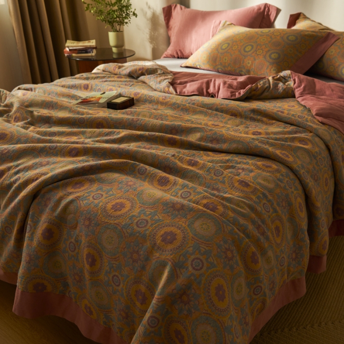 91家纺网 家纺一手货源 找家纺 吾秀 2023新款复古风A类全棉双层纱棉花夏被 暖光