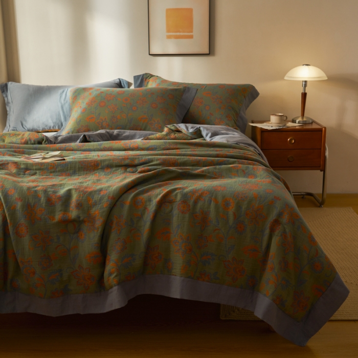 91家纺网 家纺一手货源 找家纺 吾秀 2023新款复古风A类全棉双层纱棉花夏被 芷卉