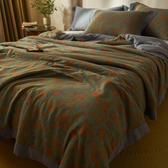 91家纺网 家纺一手货源 找家纺 吾秀 2023新款复古风A类全棉双层纱棉花夏被 芷卉