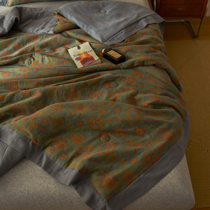 91家纺网 家纺一手货源 找家纺 吾秀 2023新款复古风A类全棉双层纱棉花夏被 芷卉