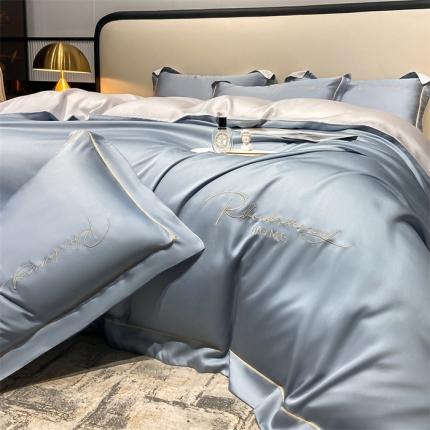 91家纺网 家纺一手货源 找家纺 笙意家纺 水洗真丝R字母织带款四件套-威尔士 海青+山灰