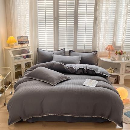 91家纺网 家纺一手货源 找家纺 席佬大2025新款马卡龙色华夫格提花贝壳边四件套 华夫格-深灰