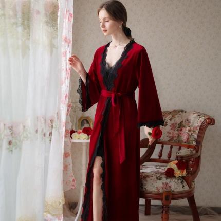 红色晨袍女新娘结婚睡衣性感睡袍两件套装秋冬季伴娘丝绒吊带睡裙