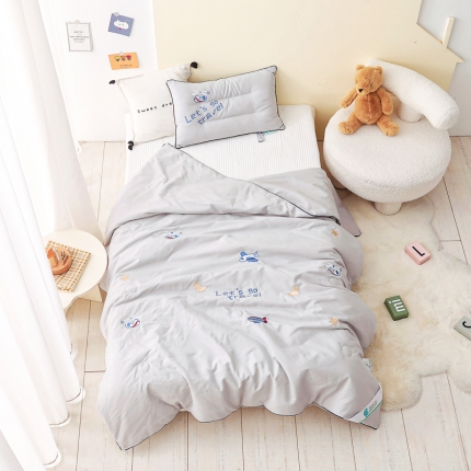 91家纺网 家纺一手货源 找家纺 A类水洗棉磨毛绣花款儿童大豆夏被幼儿园被子夏凉被空调被 出游日记-银灰