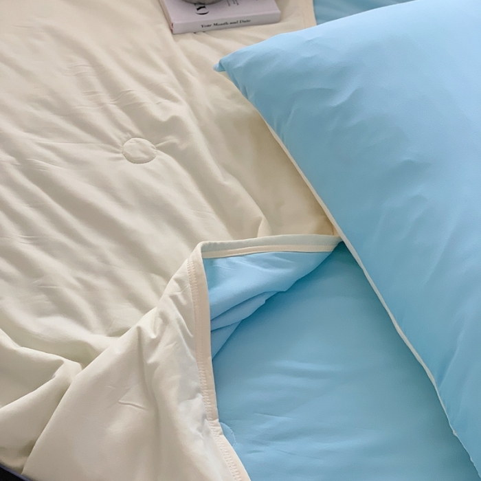 91家纺网 家纺一手货源 找家纺 星期八 2023马卡龙针织棉大豆夏被 蓝黄