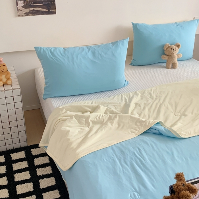 91家纺网 家纺一手货源 找家纺 星期八 2023马卡龙针织棉大豆夏被 蓝黄