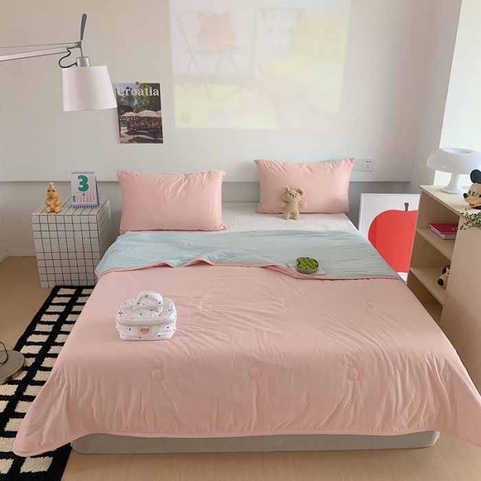 91家纺网 家纺一手货源 找家纺 星期八 2023马卡龙针织棉大豆夏被 藕粉豆绿