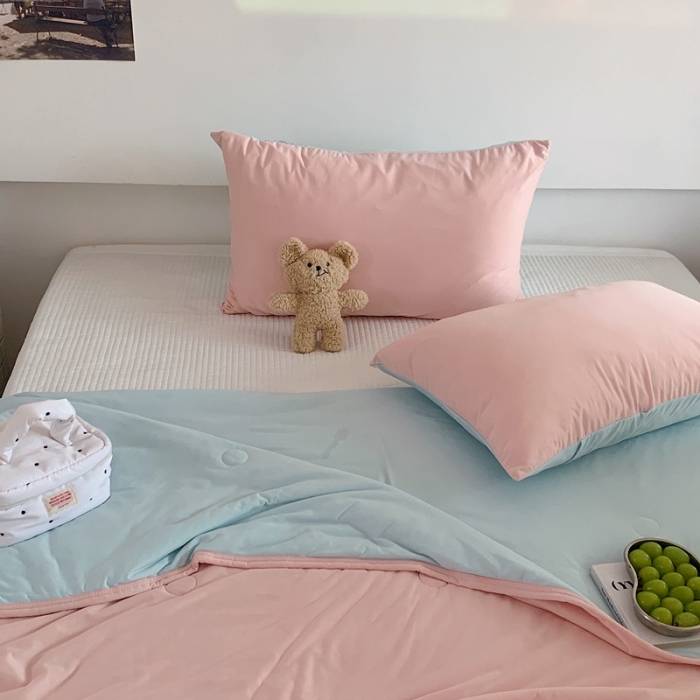 91家纺网 家纺一手货源 找家纺 星期八 2023马卡龙针织棉大豆夏被 藕粉豆绿