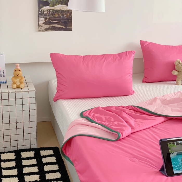 91家纺网 家纺一手货源 找家纺 星期八 2023马卡龙针织棉大豆夏被 桃粉深绿