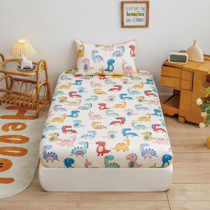 91家纺网 家纺一手货源 找家纺 ds生活馆 2025新款幼儿园学生60支贡缎长绒棉纯棉单床笠 快乐恐龙