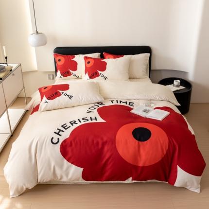 91家纺网 家纺一手货源 找家纺 色鬼布艺 2023新款真丝棉数码印花床单床笠款冰丝四件套网红兔红色婚庆