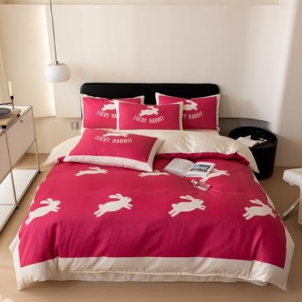 91家纺网 家纺一手货源 找家纺 色鬼布艺 2023新款真丝棉数码印花床单床笠款冰丝四件套网红兔红色婚庆