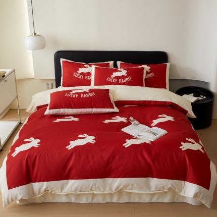 91家纺网 家纺一手货源 找家纺 色鬼布艺 2023新款真丝棉数码印花床单床笠款冰丝四件套网红兔红色婚庆