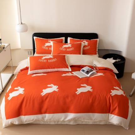 91家纺网 家纺一手货源 找家纺 色鬼布艺 2023新款真丝棉数码印花床单床笠款冰丝四件套网红兔红色婚庆