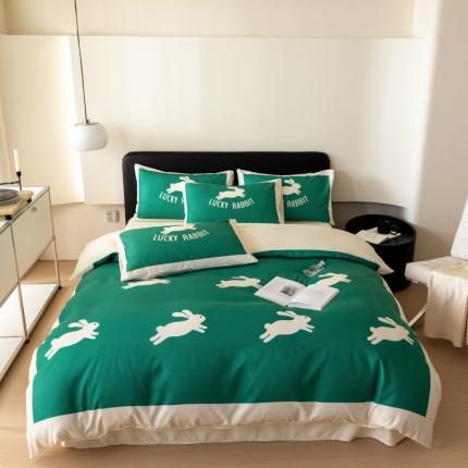 91家纺网 家纺一手货源 找家纺 色鬼布艺 2023新款真丝棉数码印花床单床笠款冰丝四件套网红兔红色婚庆