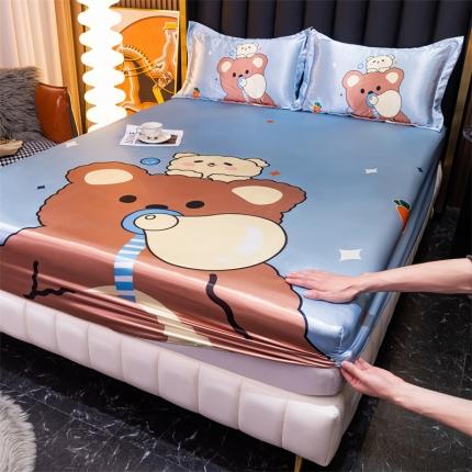 新款大版冰丝床笠可水洗卡通凉席床垫保护套 抱抱熊