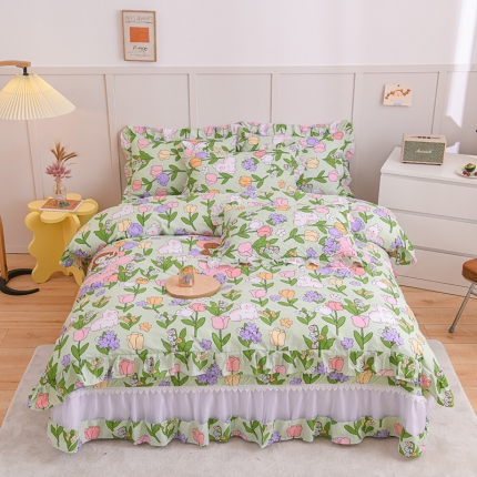 91家纺网 家纺一手货源 找家纺 2025仙女风欧根纱全棉床盖四件套 蕾丝花边夹棉纯棉床单三件套 套件