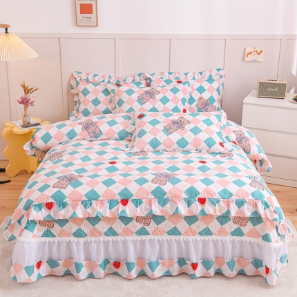 91家纺网 家纺一手货源 找家纺 2025仙女风欧根纱全棉床盖四件套 蕾丝花边夹棉纯棉床单三件套 套件