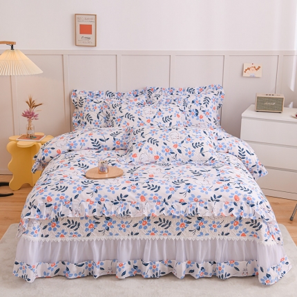 91家纺网 家纺一手货源 找家纺 2025仙女风欧根纱全棉床盖四件套 蕾丝花边夹棉纯棉床单三件套 套件