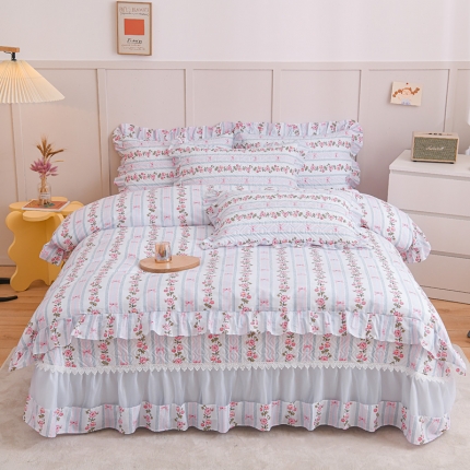 91家纺网 家纺一手货源 找家纺 2025仙女风欧根纱全棉床盖四件套 蕾丝花边夹棉纯棉床单三件套 套件