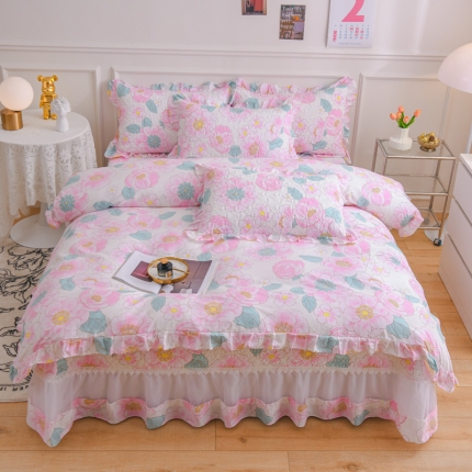 91家纺网 家纺一手货源 找家纺 2025仙女风欧根纱全棉床盖四件套 蕾丝花边夹棉纯棉床单三件套 套件