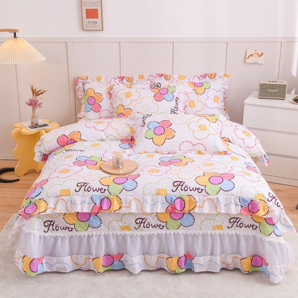 91家纺网 家纺一手货源 找家纺 2025仙女风欧根纱全棉床盖四件套 蕾丝花边夹棉纯棉床单三件套 套件