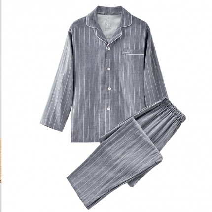 91家纺网 家纺一手货源 找家纺 【双层纱家居服】日式无印双层纱家居良品全棉情侣竖条纹睡衣纯棉男女家居服