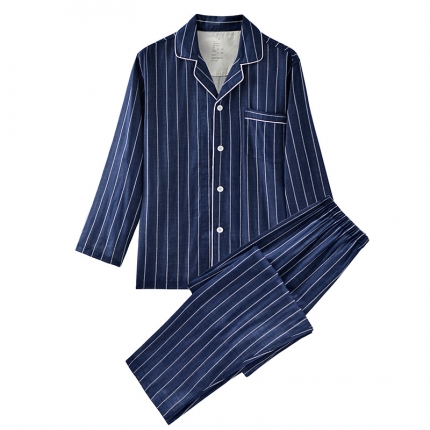 91家纺网 家纺一手货源 找家纺 【双层纱家居服】日式无印双层纱家居良品全棉情侣竖条纹睡衣纯棉男女家居服