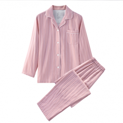 91家纺网 家纺一手货源 找家纺 【双层纱家居服】日式无印双层纱家居良品全棉情侣竖条纹睡衣纯棉男女家居服