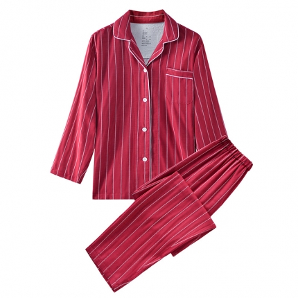 91家纺网 家纺一手货源 找家纺 【双层纱家居服】日式无印双层纱家居良品全棉情侣竖条纹睡衣纯棉男女家居服