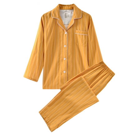 91家纺网 家纺一手货源 找家纺 【双层纱家居服】日式无印双层纱家居良品全棉情侣竖条纹睡衣纯棉男女家居服